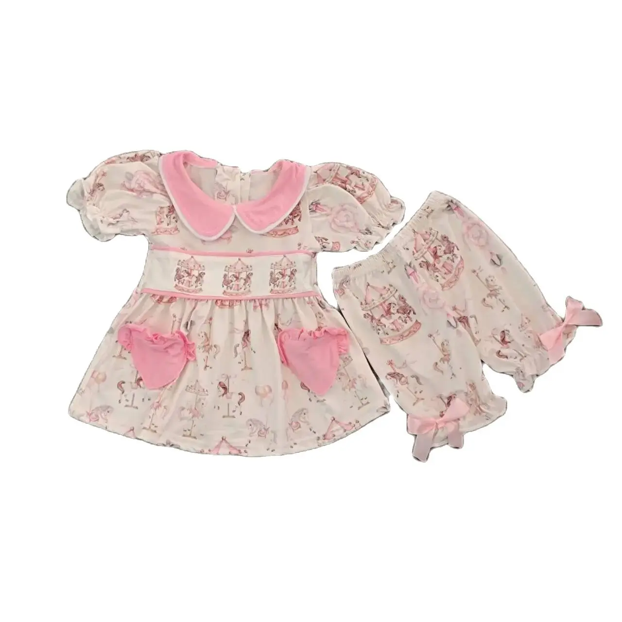 Hot Selling Fashion Carousel Children\'s Clothes Girls Suit Boutique Newborn Wholesale Suit Pink Matching Boy Suit Short Sleeve