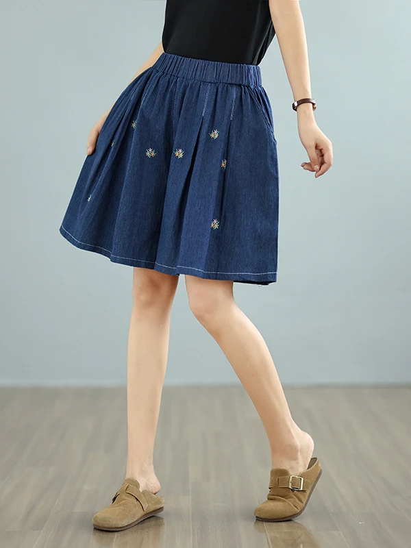 

Летние свободные джинсовые брюки с вышивкой, женские брюки, тонкие широкие джинсы, повседневные синие брюки из смеси хлопка с высокой талией и пятью точками