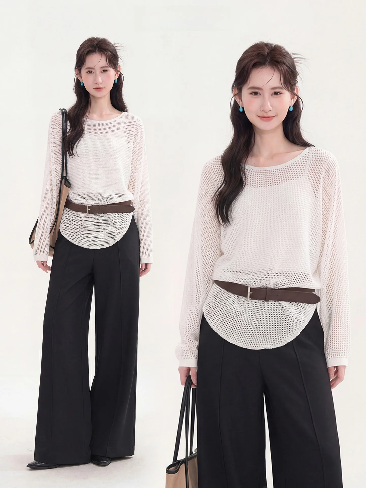 

Элегантный ажурный трикотажный топ с длинными рукавами, круглым вырезом, средней длины, свободного кроя, в повседневном стиле, для женщин, на весну, для поездок на работу.