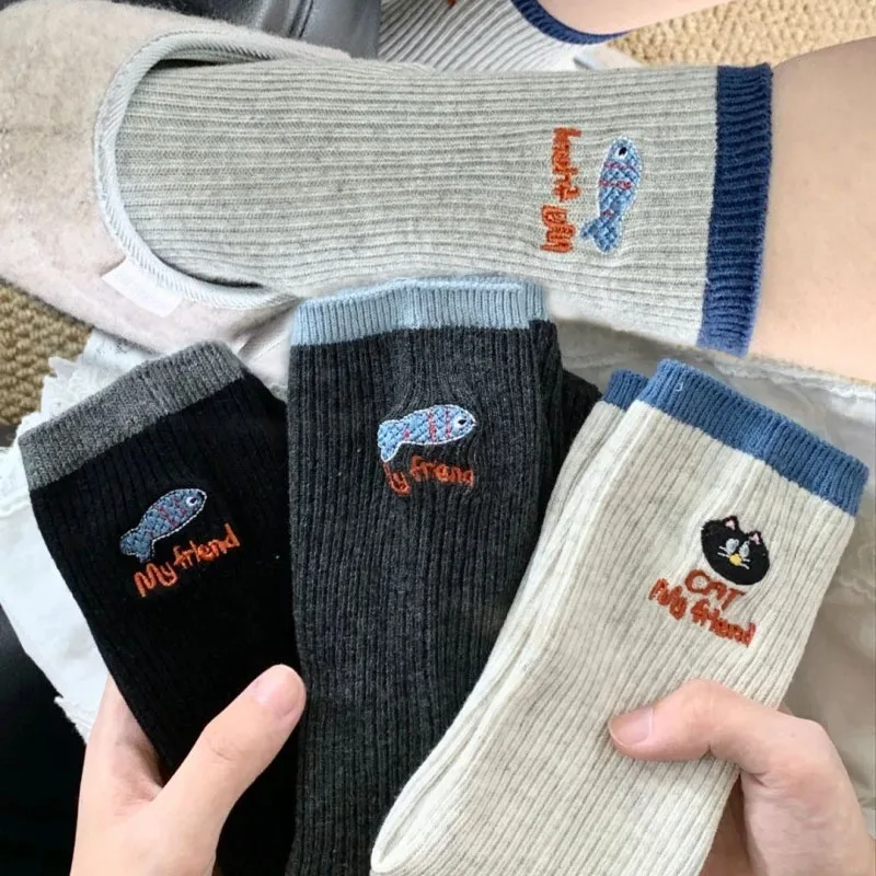 

New Cartoon Cat Fish Women's Socks Soft Cute Cotton Breathable Thermal Warm Middle Tube Sock Comfortable Home Floor Stockings