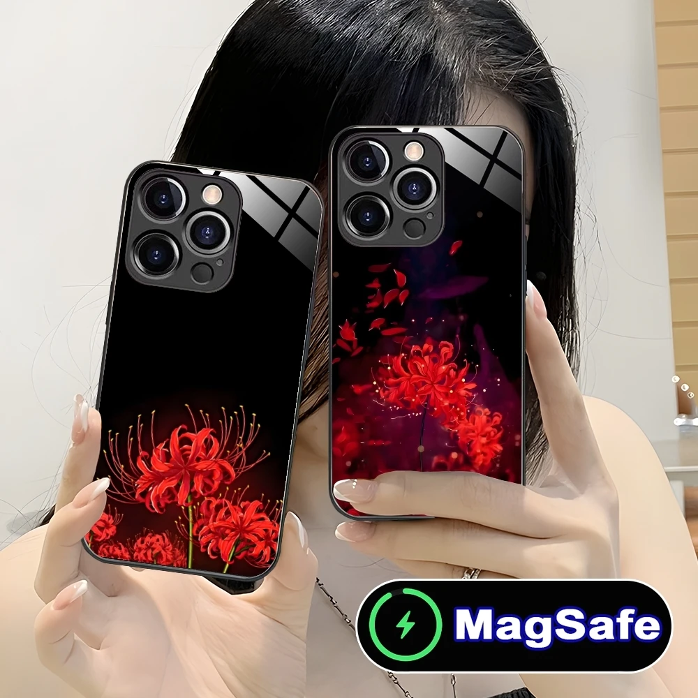 Red Spider Lily Color Mobile Cell Phone Case for iPhone 16 15 14 13 12 11 Pro Max Plus Mini MagSafe Wireless Charging Glass Cove