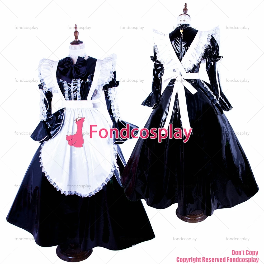 fondcosplay adult sexy cross dressing sissy maid long lockable black thin PVC dress Uniform white apron CD/TV[G1593]