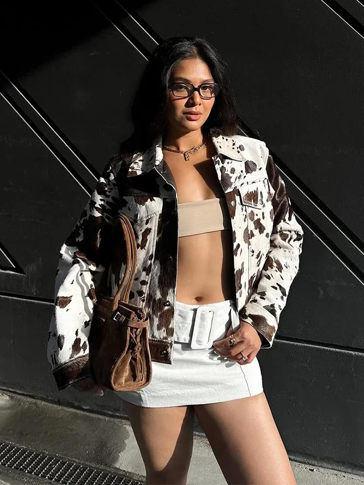 

Fashion Long Sleeve Lapel Button Jacket Vintage Printing Suede Leather Short Loose Coats High Street Lady Daily Party Wear