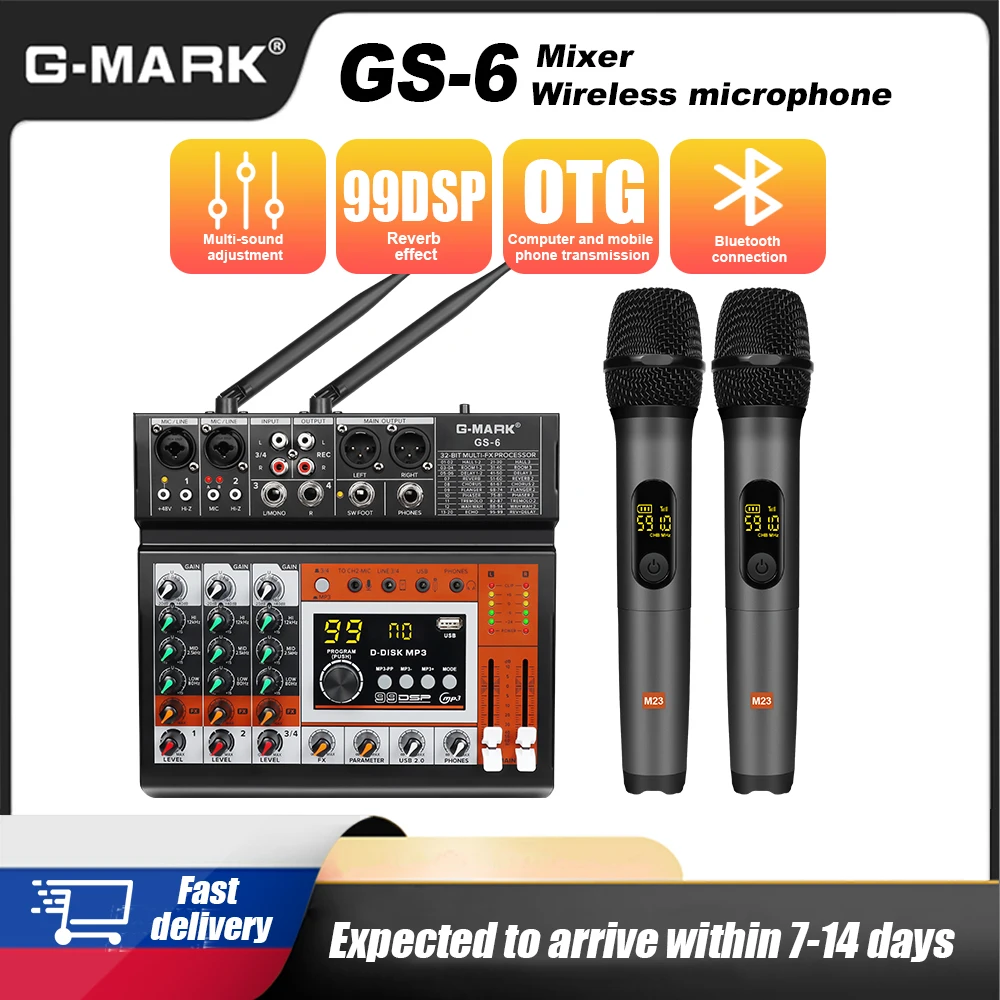 

Аудиомикшер со встроенным беспроводным микрофоном G-MARK M23 GS-6 для ПК, домашних вечеринок, шоу, церкви, свадеб