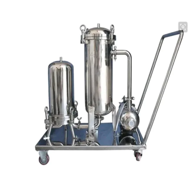 micro coconut oil water filtration Multiple stage ss304 bag filter housing with pump and trolley