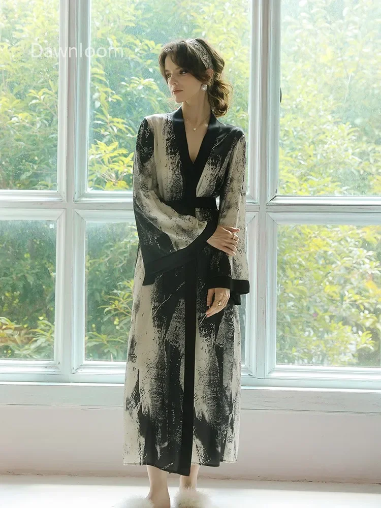

Dawnloom Women's Silk Long Robe Wide-Sleeve Black Trim Tie-Waist Luxury Loungewear Black & White Ink Print