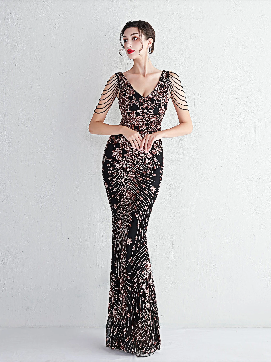 Robe de soirée longue et scintillante pour femmes, décolleté en V profond, coupe cintrée, queue de Fi Dr, Sensation de luxe, modèle hôte, Sexy, taille moyenne, fermeture éclair