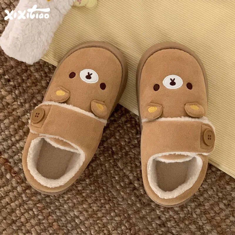 Xixitiao Damen Bären-Plüsch-Baumwollschuhe, Winter-Warme Plüschgefütterte Loafer, Niedliche Klettverschluss-Hausschuhe mit Weicher Sohle für Drinnen und Draußen