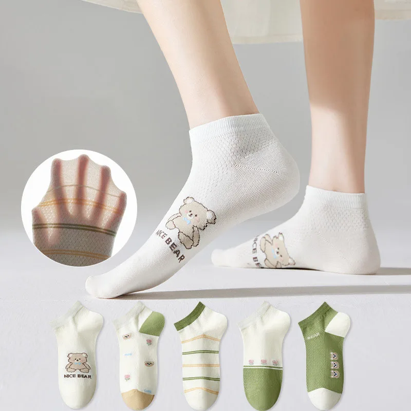 

Dreamlikelin 5 Pairs/Pack Korean Style Short Socks Four Season Women Green Bear Print Striped Cute Girls Casual Ankle Socks
