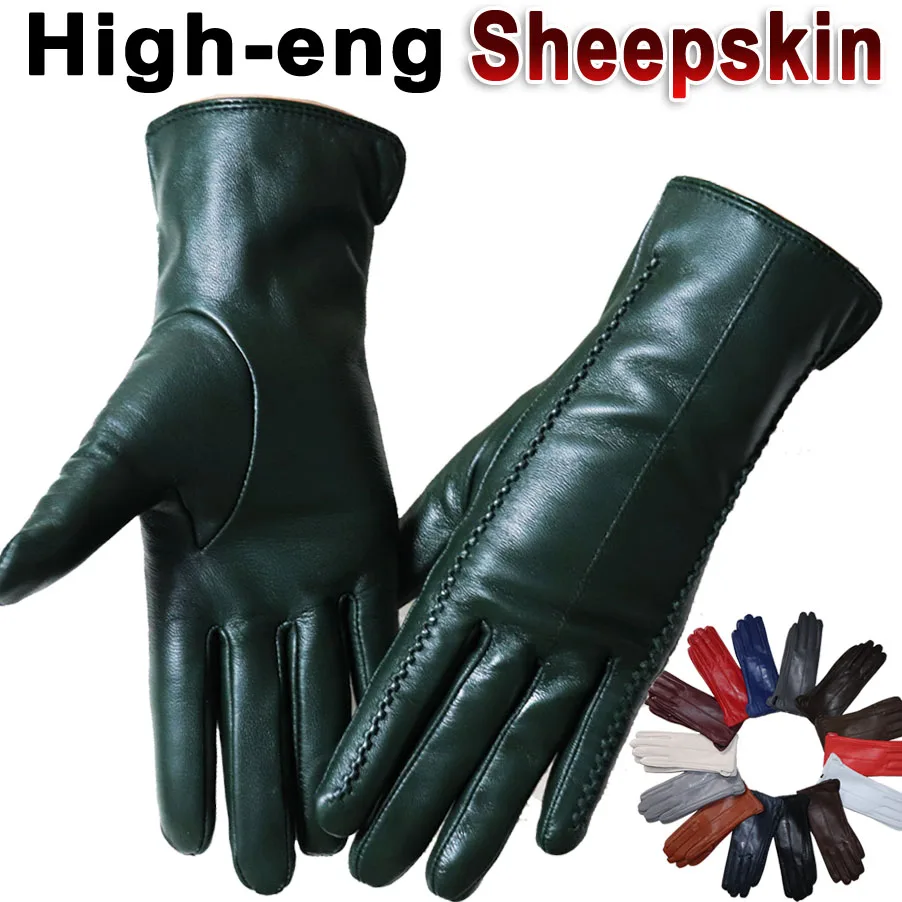 Leather gloves women's sheepskin flannel lining winter warmth high-grade black touch screen color leather gloves driving new