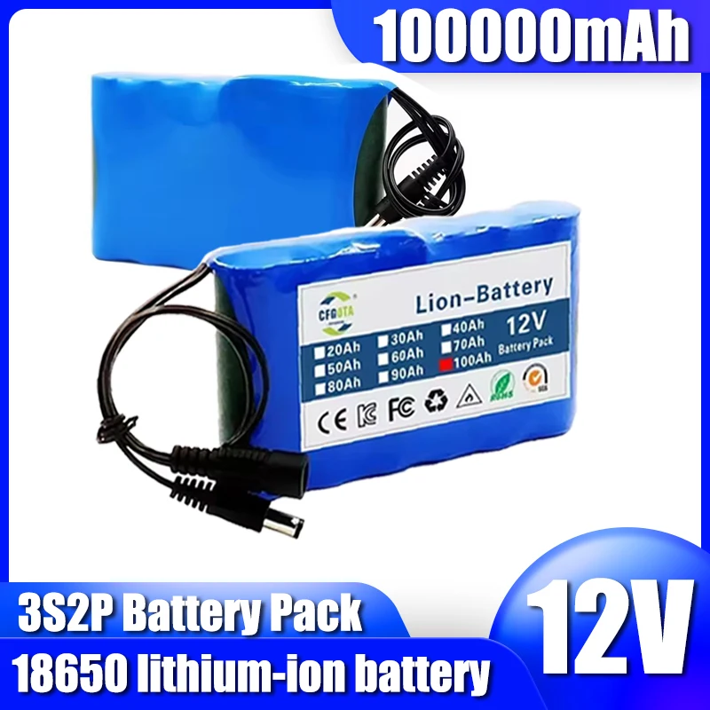 3S2P rechargeable lithium-ion battery pack, 12V 20000mAh-100000mAh with BMS protection board+12.6V charger