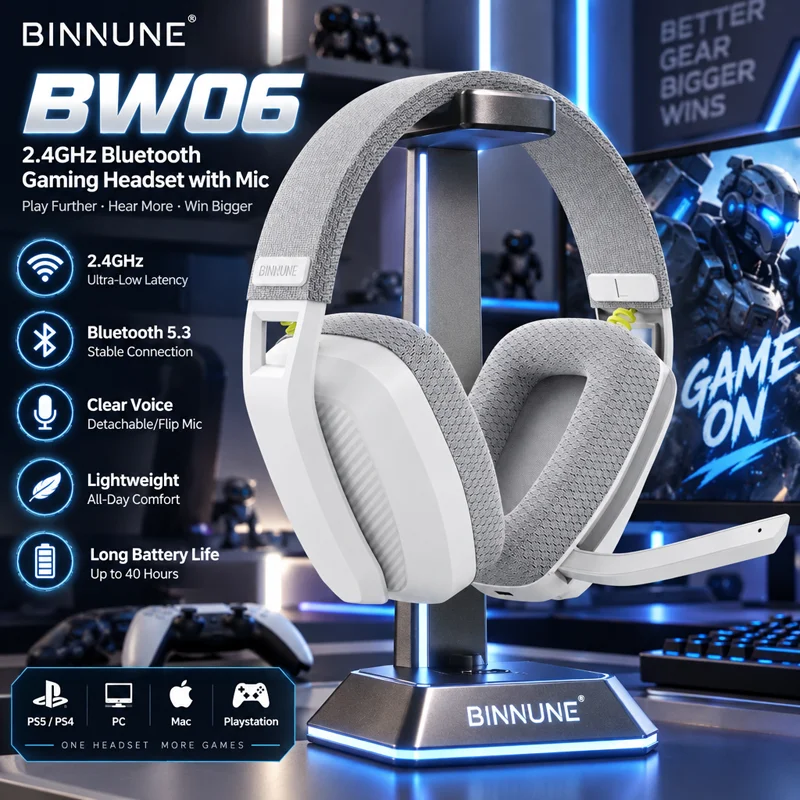 BINNUNE BW06 무선 게이밍 헤드셋 2.4GHz Bluetooth 마이크 포함 PS5 PS4 PC Mac 플레이스테이션 게이머용 헤드폰 마이크 내장 노이즈 캔슬링 입체 음향