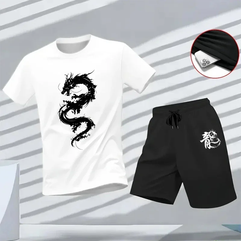 

2026 Summer Daily Casual Sporty Jogging Suit Chinese Dragon Print Outfits T-shirt & Shorts Male Tracksuit 2pcs Set Men's Clothes