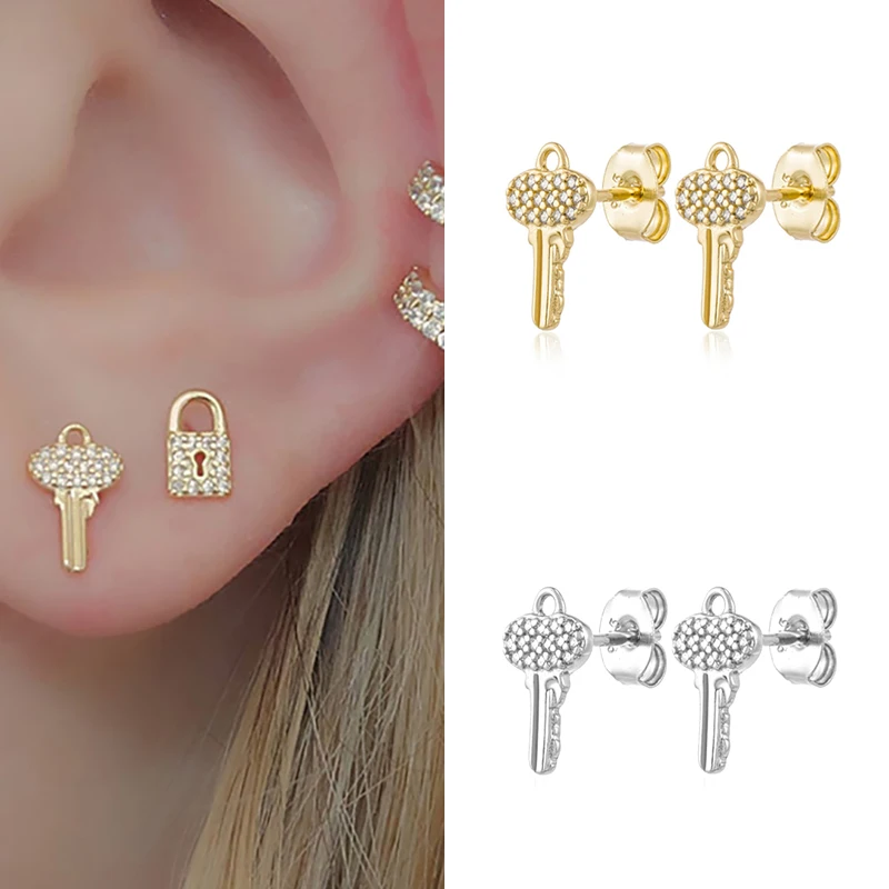 ISUEVA New Design Key Women Earrings  Gold Filled Cubic Zircon Stud Earrings Key Earrings Women Jewelry Party Accessories