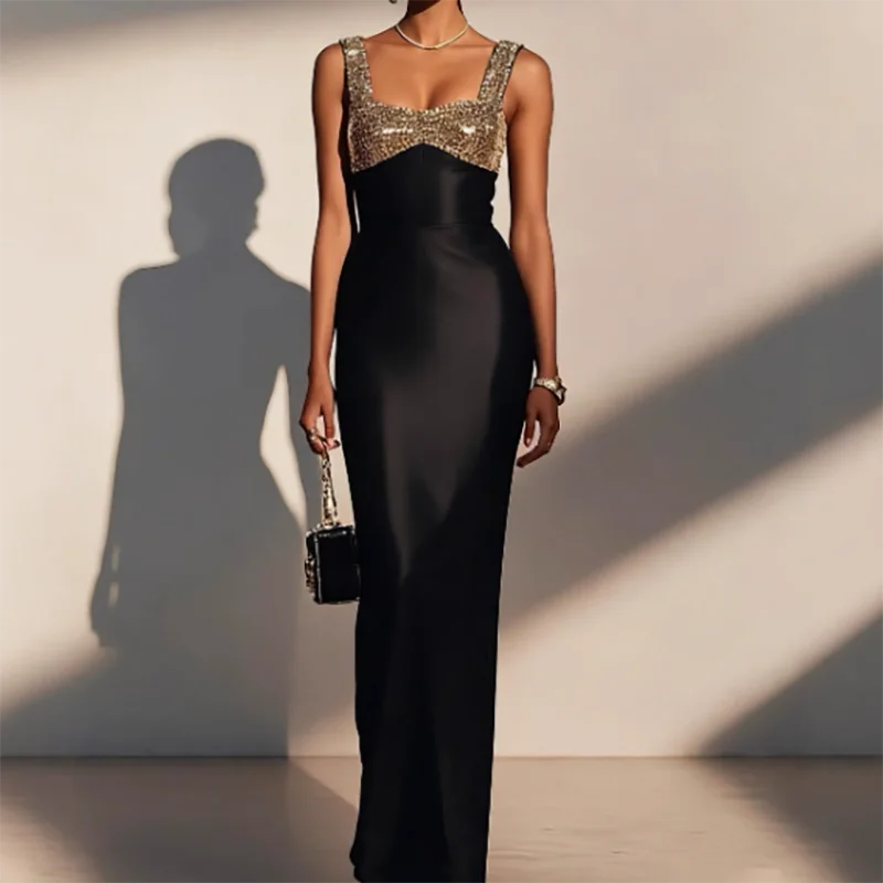 مثير بلا أكمام الرسن عالية الخصر مأدبة فستان سيدة أنيقة اللون منعت فستان موضة الترتر تقسم الساتان فستان سهرة نحيف