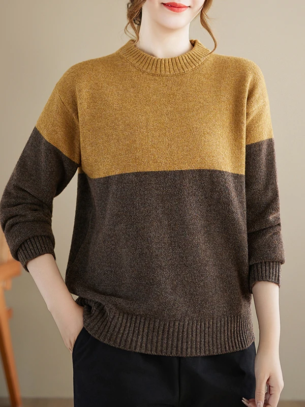 

Color Blo Knitwear Loose Casual Women's Base irt Large Size Artistic Knitted Long Sve round Ne Sweater Autumn Winter
