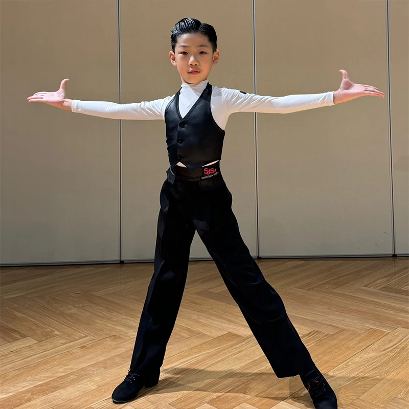 Boys Latin Dance Competition Clothing Leather Vest White Tops Black Pants Cha Cha Ballroom Dance Costume Stage Clothes DNV21123