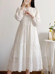 Spring And Autumn New Skirts French Vintage Embroidery Sweet Long Dress Temperament Loose Sleeve Lace Dress