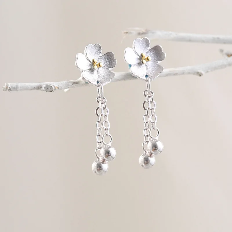 S925 sterling silver stud earrings flower fringed earrings women's simple versatile silver stud earrings cherry blossom earrings