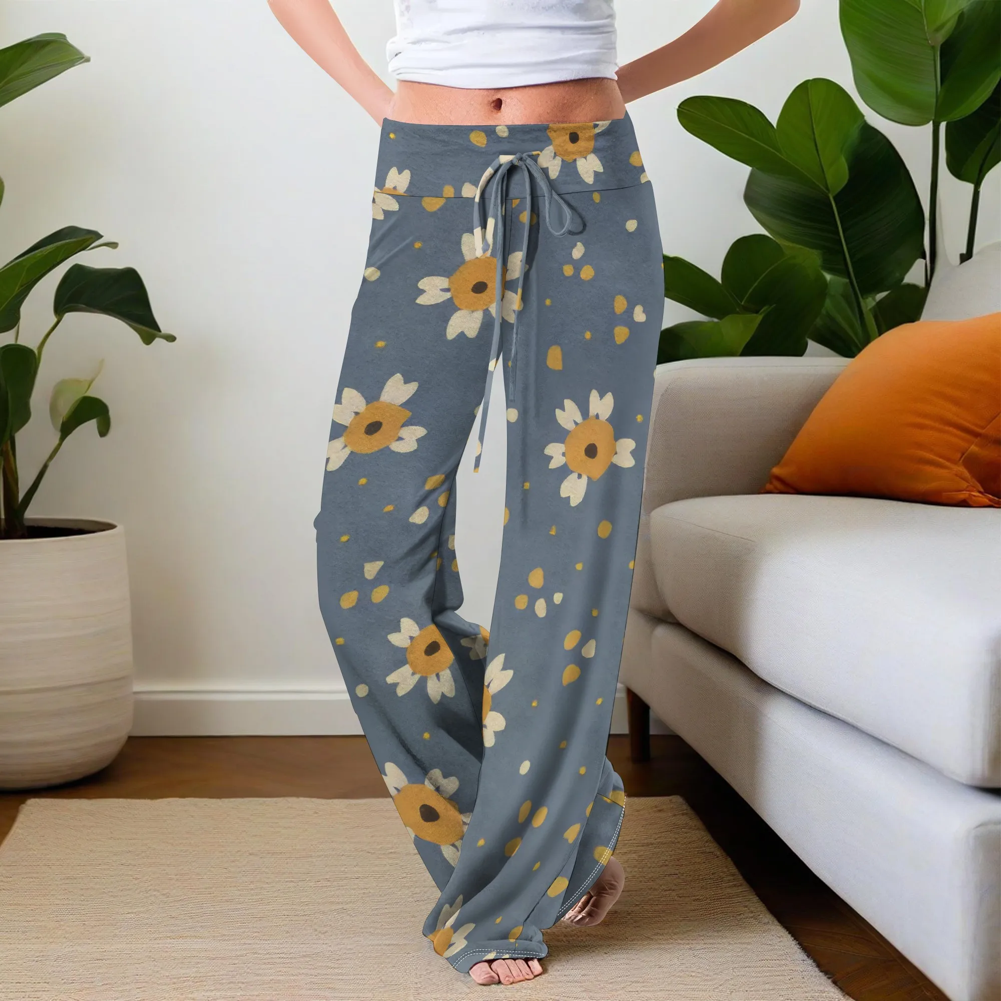 بنطال نسائي مريح قابل للتمدد وطبعة زهور برباط بالازو بأرجل واسعة