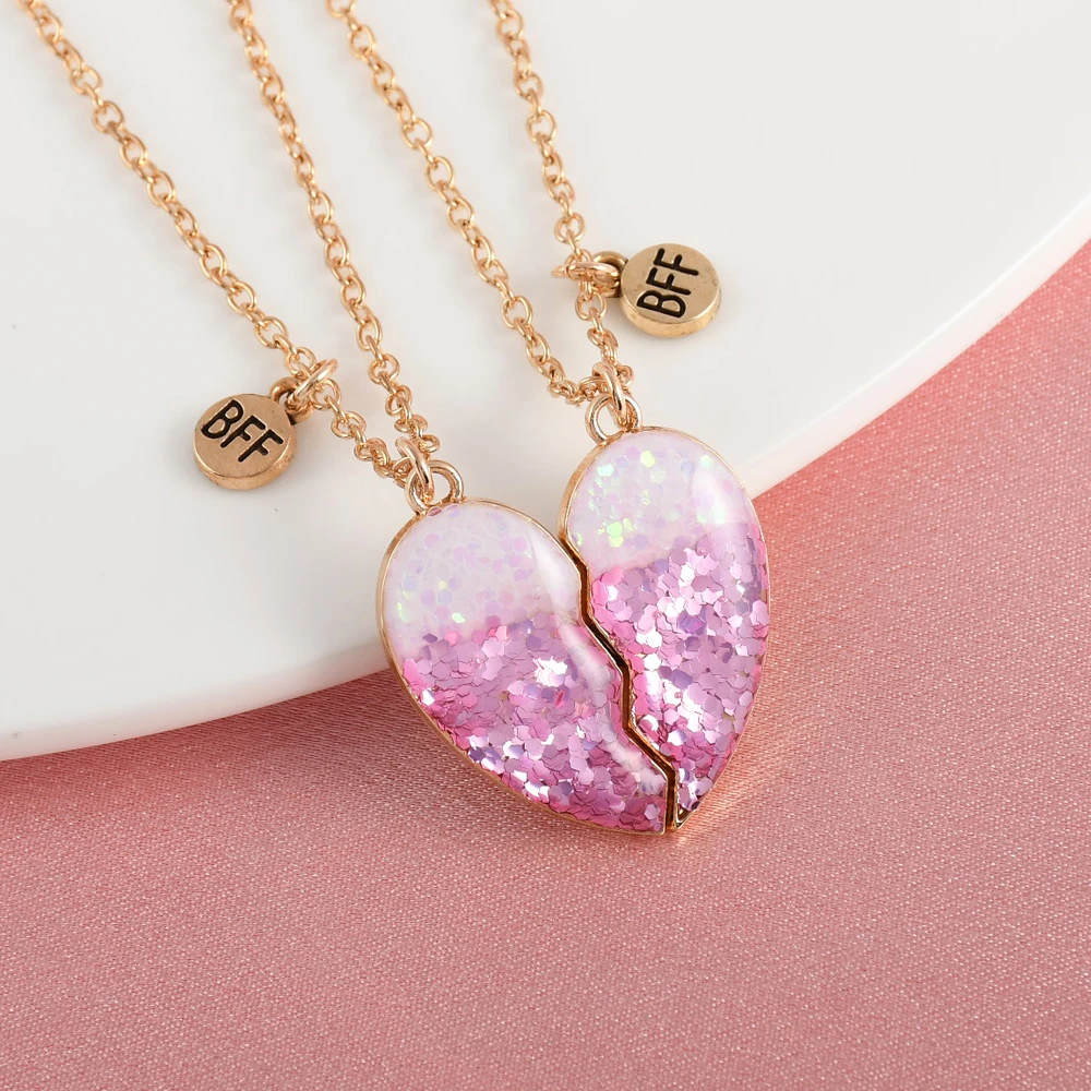 Winoneday 2Pcs/set Sequin Heart-shaped Stitching Best Friend Necklace BFF Friendship Jewelry Gifts for Women