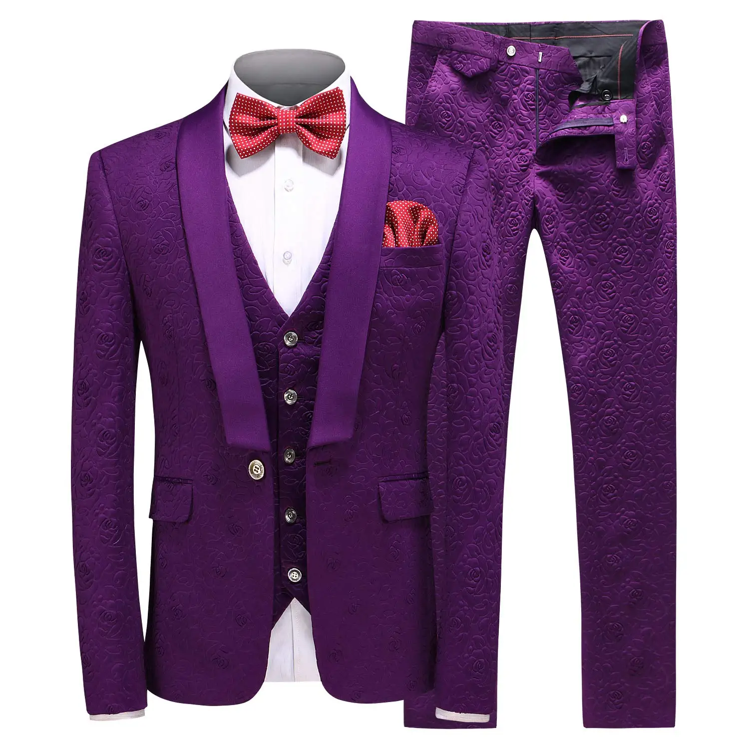 

Men's Jacquard Suit Shawl Lapel One Button Tuxedo Jacket Tux Vest & Trousers