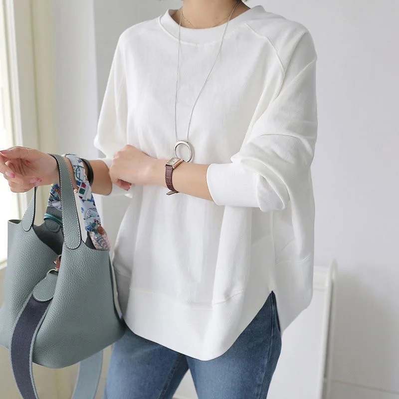

Элегантная женская толстовка с длинным рукавом и круглым вырезом, осенняя новая стильная базовая рубашка с верхним разрезом, модная футболка