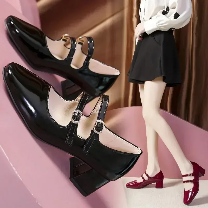 

2025 Women's Shoes Fashion Buckle Women Pumps Autumn Mary Jane Square Toe Shallow Solid Dress Party Chunky Heels Shoes Zapato