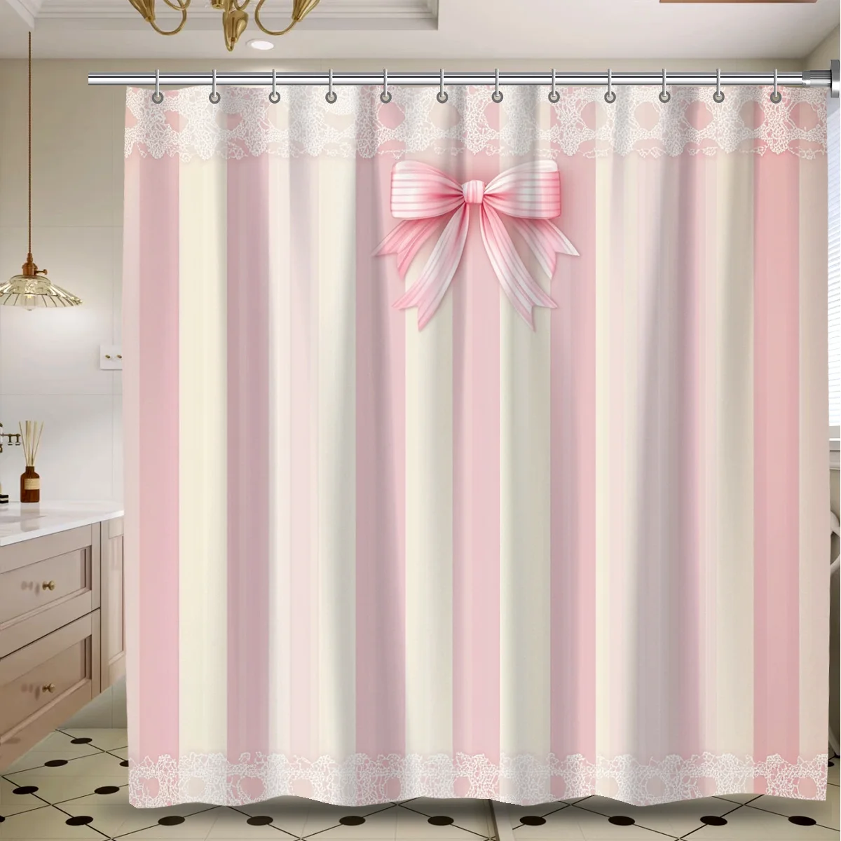 Pastel Pink and Cream Vertical Stripe Shower Curtain with Decorative Bow Trim for Bathroom Decor