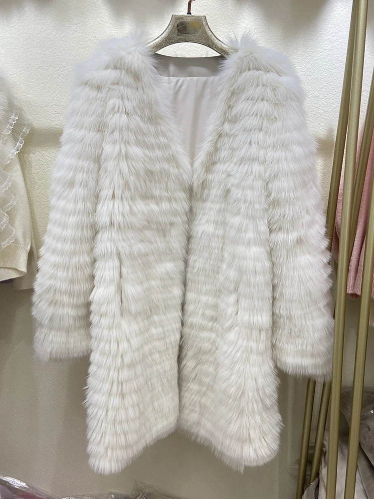 Women Winter White Real Fox Fur Long Jacket Outerwear Coat Natural Fur Thick Winter Coat Length 95cm