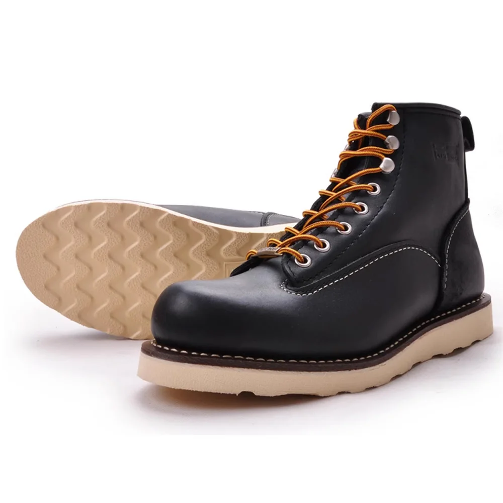 pf Men's Fashion Genuine Leather Motorcycle Boots Steel Toe Slip-Resistant Engineer Boots Mid-calf Western Boots Goodyear-welt
