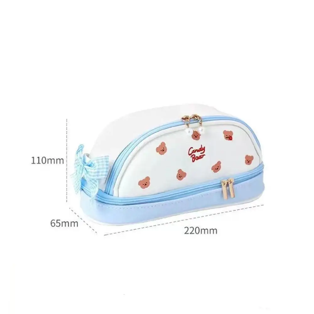 Urso portátil caso de lápis morango sorriso cereja bonito saco de lápis couro do plutônio papelaria dupla camada caneta bolsa escola