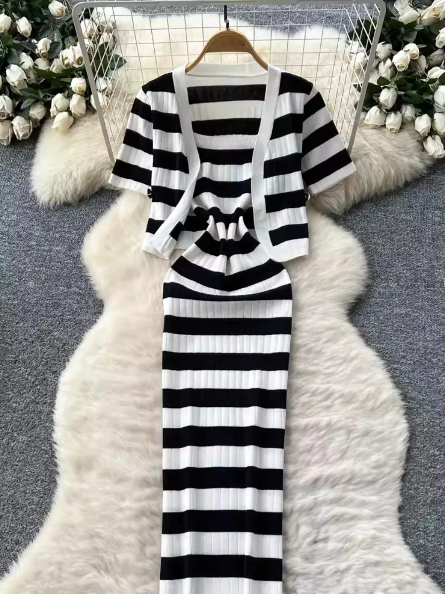Foamlina Sommer-Cardigan, kleine Jacke, Oberteil, Outfit für Damen, schickes, modisches, schwarz-weiß gestreiftes Strickkleid, zweiteiliges Set