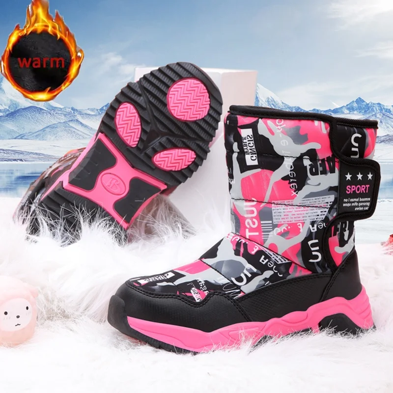 

Winter Children's Snow Boots Warm Fleece-Lined Waterproof Fabric Non-Slip Girl Shoes thick sole Snow Boots Outdoor Ankle Boots
