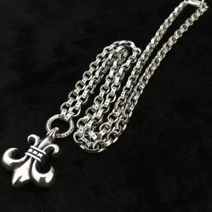 

Netizen Handsome Pure Silver Long Necklace Pendant Punk Thai Silver Necklace Children's Military Flower Chain Pendant Men's and