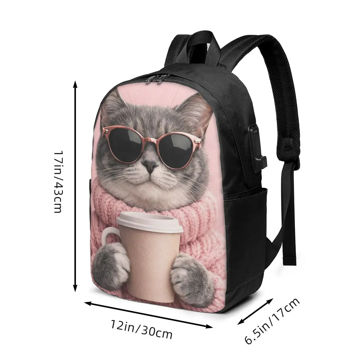 Cat Kitten Wear Pink Sweater Drink Coffee Backpack Travel Notebook Bag Computer College Student School Bag Laptop Shoulder Bags