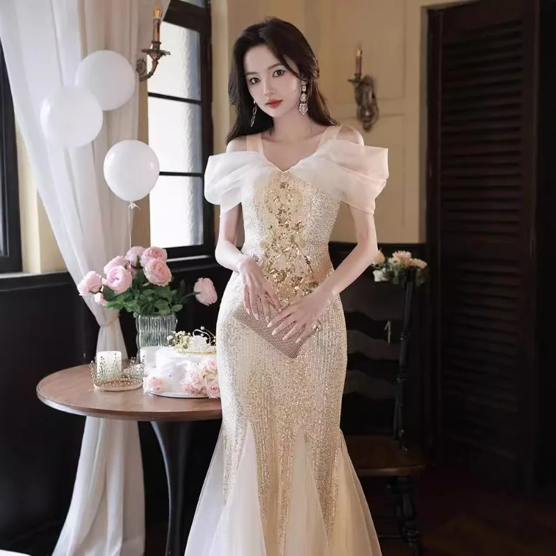 فستان سهرة GIYSILE مخصص مزين بالترتر الشامبانيا للنساء بحمالات كتف فاخرة متخصصة عالية الوضوح للولائم ذيل السمكة