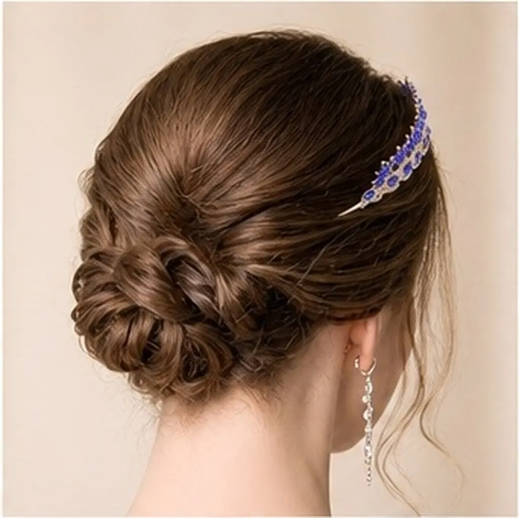 Wedding Leaf Type Rhinestone Crown Headband Blue Accent Bridal Tiara Bride Headpiece Elegant Party Hair Accessory Water Crystal