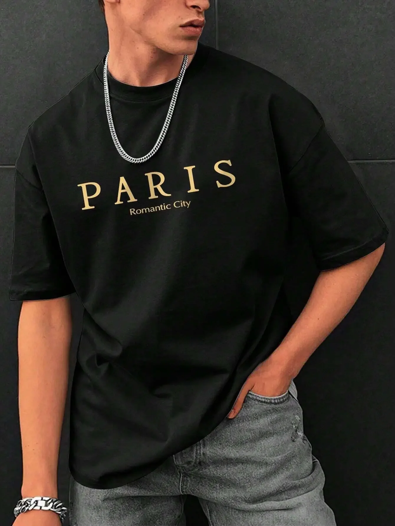 

Romantic city Paris letter-printed T-shirt for men, fashionable summer wear, loose pure cotton T-shirt, casual sporty street top