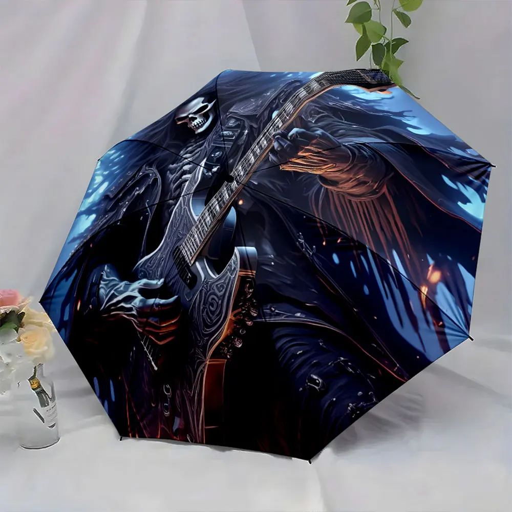 1PC Skull-themed umbrella with a guitar-playing skeleton design Print 8 Iron Ribs Folding Umbrella Auto-Open Fashion Sunshade
