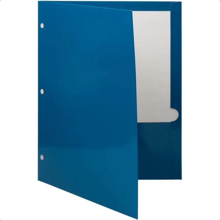 Cartelle scolastiche laminate a due tasche lucide a 3 fori, formato lettera, blu lucido, confezione da 6