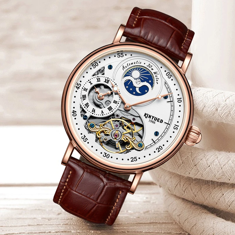 KINYUED Watch for Men Luxury GMT Tourbillon Mechanical Waterproof Luminous Top Brand Skeleton Automatic Mens Wristwatch