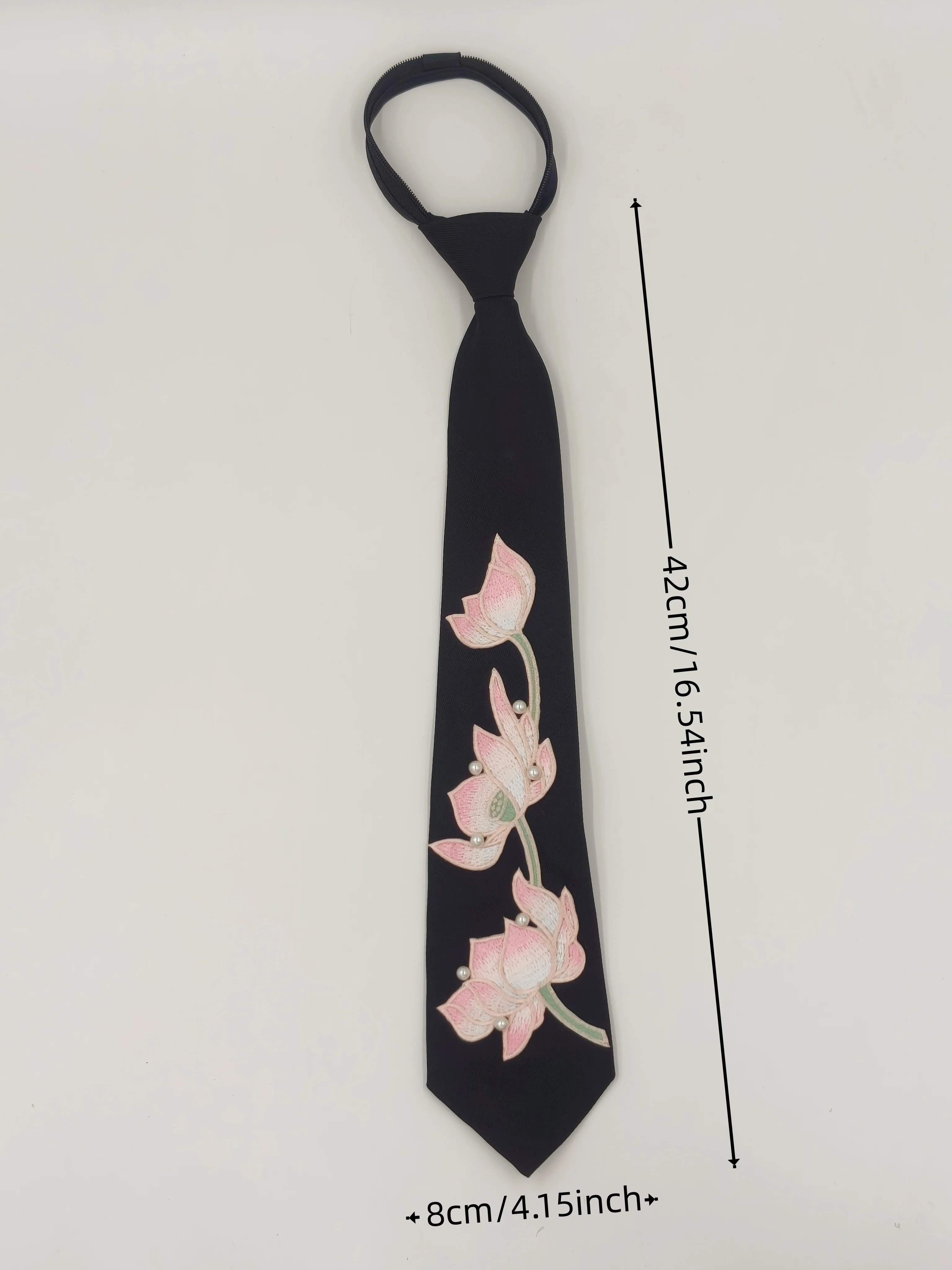 Light Luxury Pearl Lotus Embroidery Fake Tie, No-Knot Zipper Style, New Chinese-Style Suit and Hanfu Accessory (Suitable for Events Such as World Cup, Music Festivals, Independence Day)