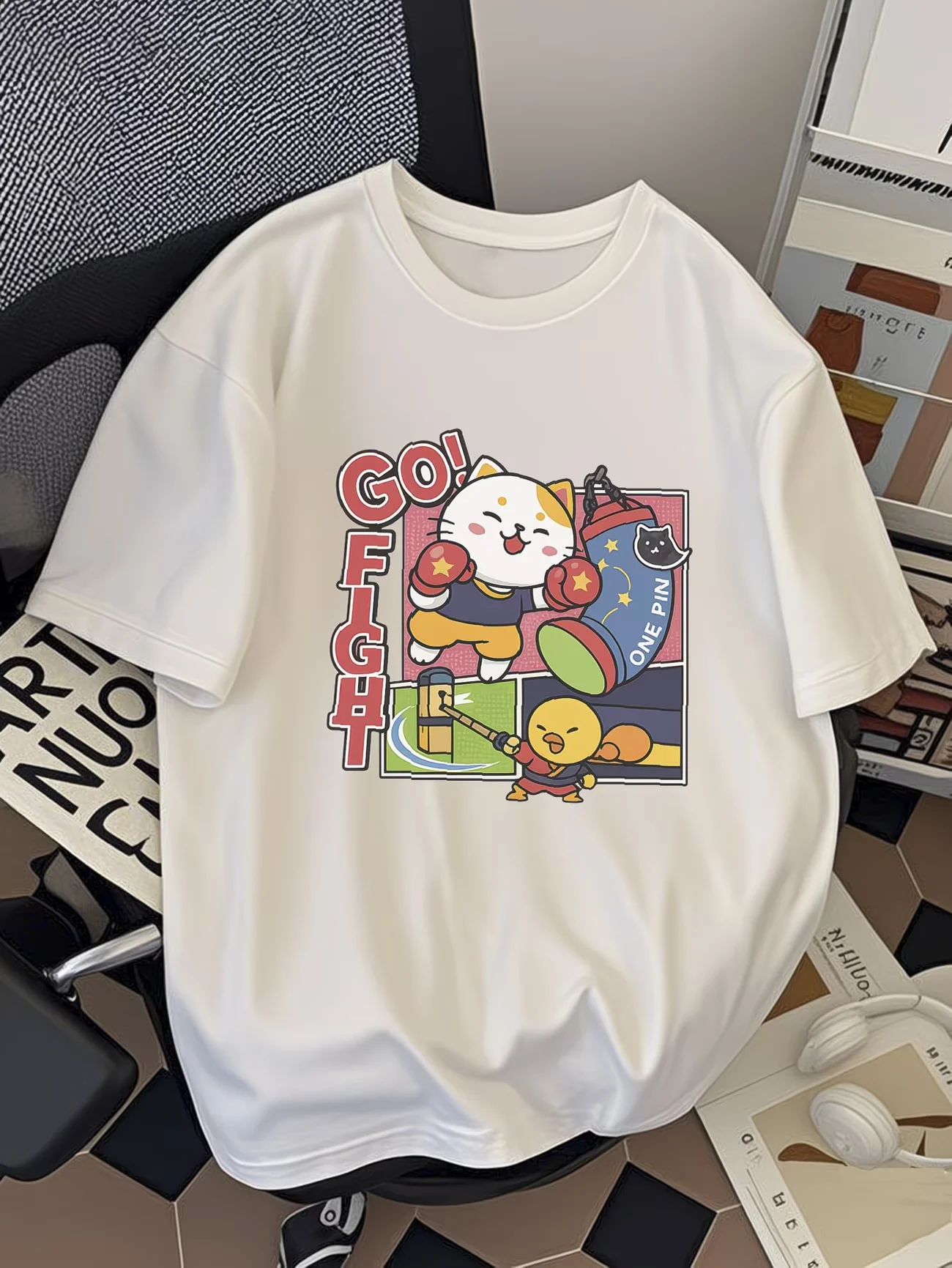 Cat Boxing Graphic T-Shirt Summer Short Sleeve Go Fight Print Loose Fit Tops Female Unisex Casual Fashion Streetwear Tee