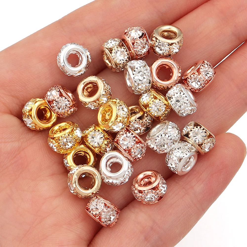10pcs/lot Positioning Copper Beads Big Hole Side Setting Diamonds Loose Spacer Beads For Jewelry Making DIY Necklace Bracelet