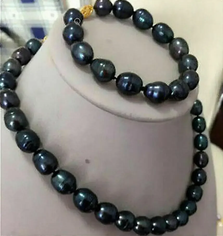 

9-10mm Nanhai freshwater black pearl necklace bracelet fashion set 18 / 7.5“