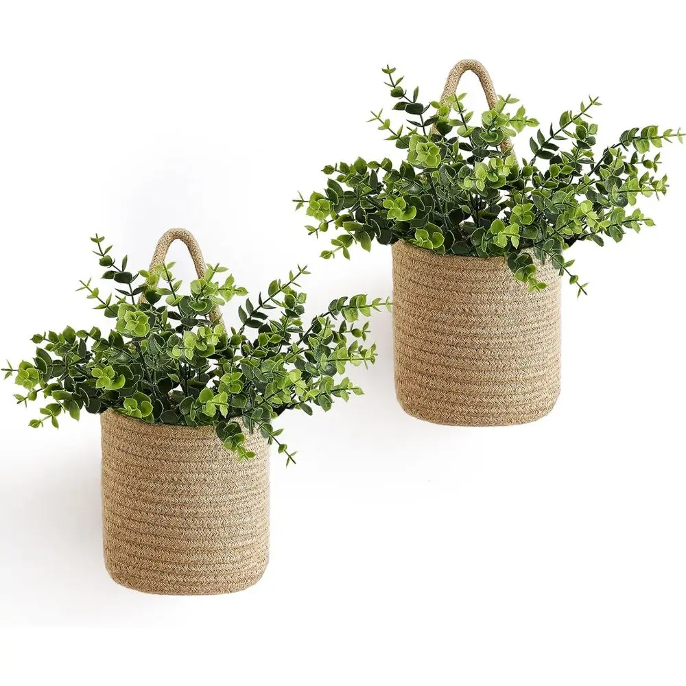 

Double Wall-Mounted Rope Baskets with Artificial Eucalyptus, Jute Storage Organizer for Indoor Plants and Decor