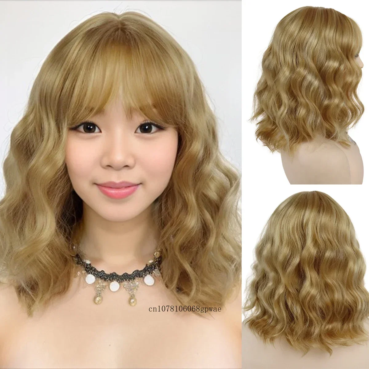 Blonde Wigs Synthetic Hair Short Wavy Curly Wig with Bangs for Women Ladies Daily Use Costume Party Cosplay Heat Resistant Fiber