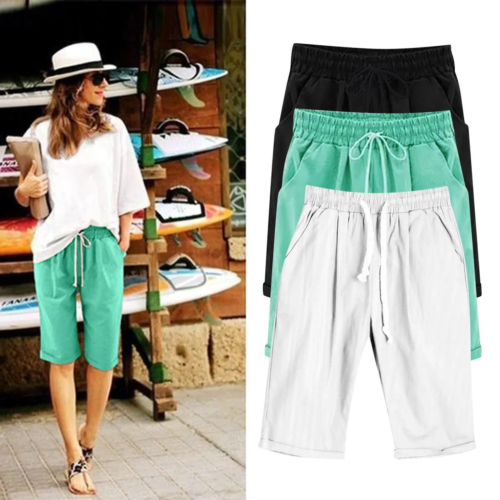 Shorts femininos de algodão e linho, moletom casual de pernas largas, moda praia, bolso, monocromático, quinta calça, verão