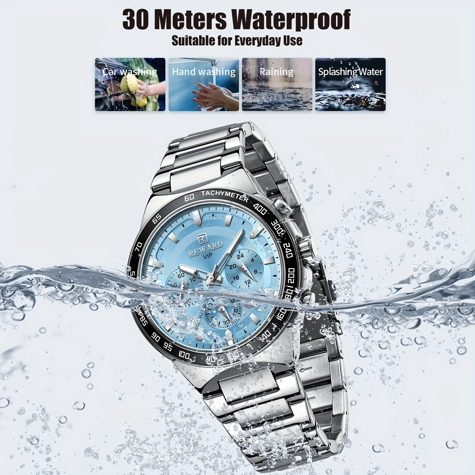 Hot Sale REWARD VIP Ice -Blue Quartz Watches for Men Sport Chronograph Luminous Waterproof Wrist Watches Stainless Steel